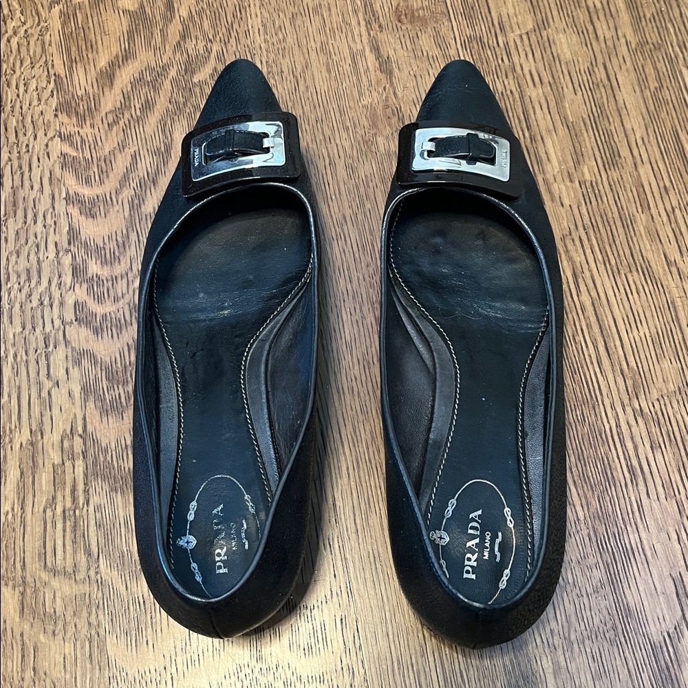 Prada Black Leather Point Toe Flats with Silver Buckle - Picture 6 of 12